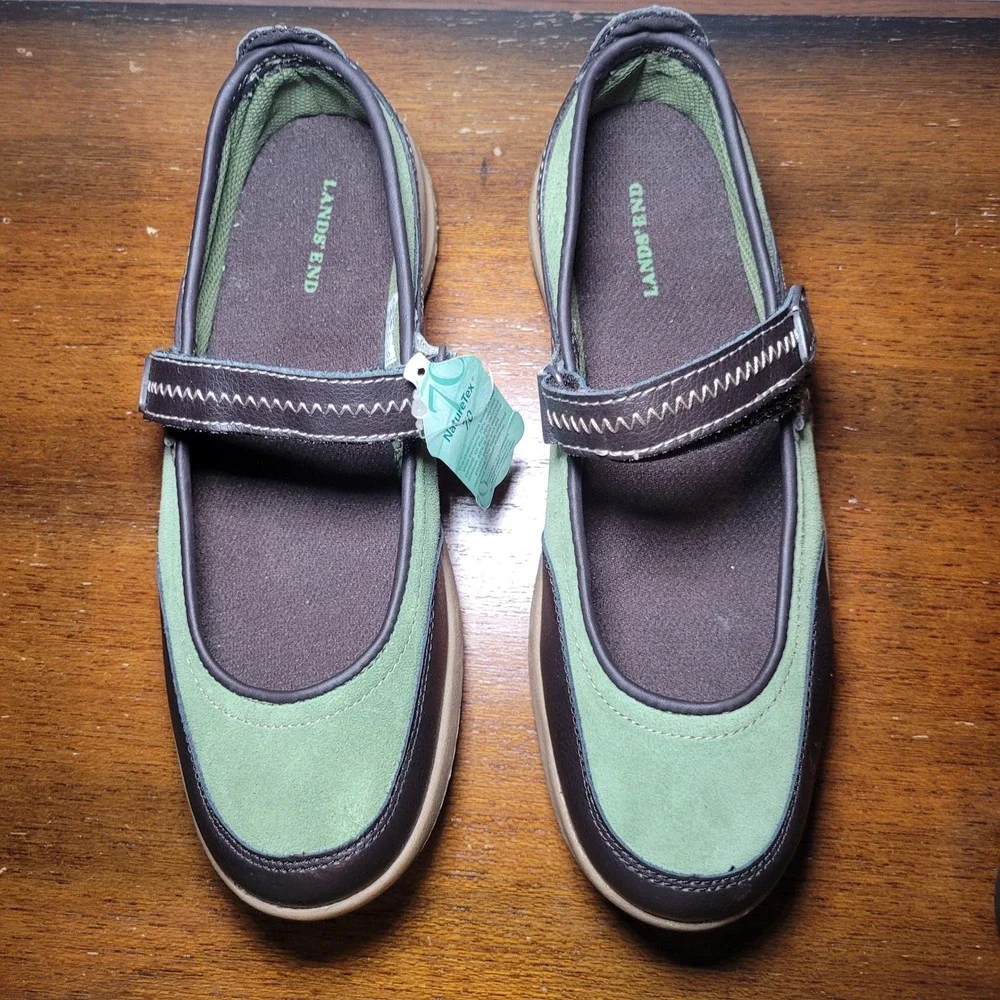 Lands End Mary‎ Jane Green Suede Womens 7.5 Strap 407322